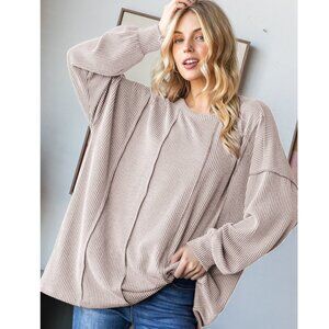 B36  LONG SLEEVE ROUND NECK SOLID URBAN RIBBED TOP PLUS SIZE OATMEAL NEW